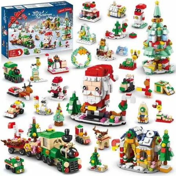 Christmas Advent Calendar Building Set 2025 Countdown Playset 24 Collectible Surprise Gifts Toys Santa Claus Xmas Tree Train House Blocks 1122PCS