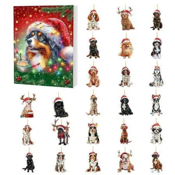 Christmas Advent Calendar for Dogs Countdown with 24 2D Unique Dog Ornaments Holiday Gift Set for Christmas Home Decor Tree Hanging