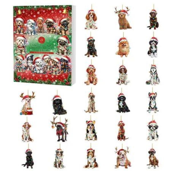 Christmas Advent Calendar for Dogs Countdown with 24 2D Unique Dog Ornaments Holiday Gift Set for Christmas Home Decor Tree Hanging