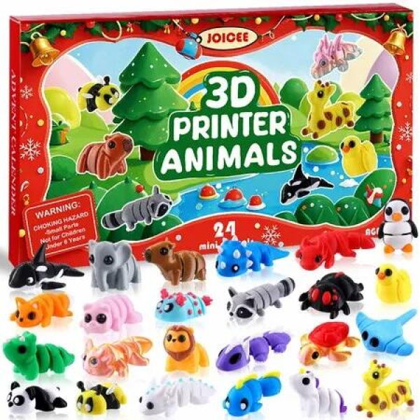 Christmas Advent Calendar with Mini 3D Print Animals,24 Days Mini Animal Figurines Toys Set Xmas Articulated Flexible Fidget Gifts