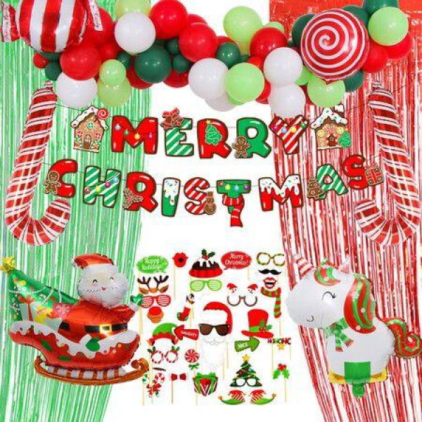 Christmas Balloon Decorations Arch Garland Kit Green Red Gold Santa Claus Banner Rain Curtain Foil Balloon Party