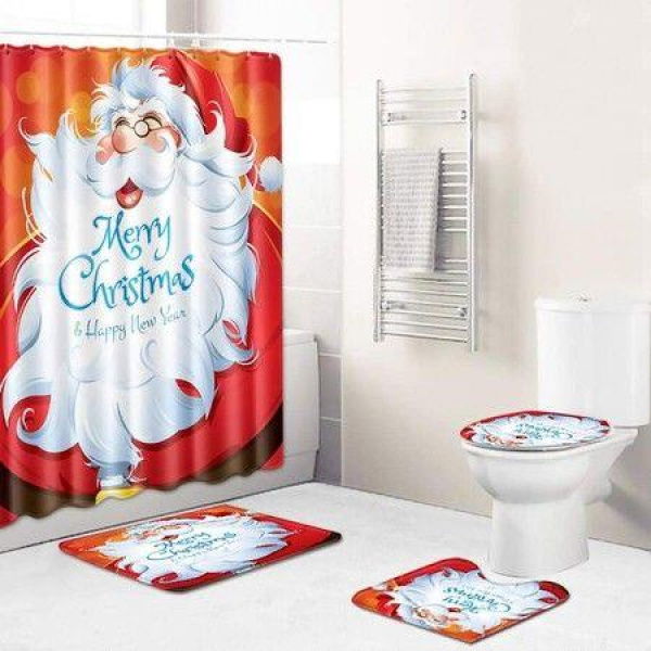 Christmas Bathroom Sets Decorations (Toilet Seat Cover Non-Slip Bath Mat Set/Rugs Shower Curtain) Christmas Bathroom Sets Decor With Merry Christmas.