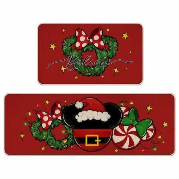 Christmas Believe Santa Red Kitchen Rugs Set of 2,Xmas Wreath Peppermint Candy Kitchen Mats Decor,Holiday Floor Door Mat Home Decorations