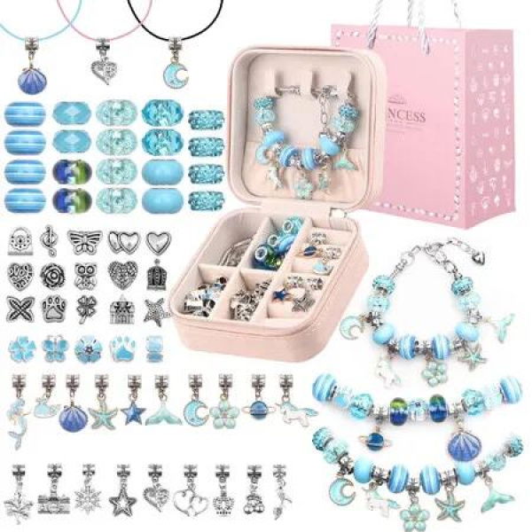 Christmas Bracelet Making Kit,66PCs Charm Bracelets Kit with Jewelry Box,Jewelry Charms,Bracelets for DIY Craft,Christmas Jewelry Gift Color blue