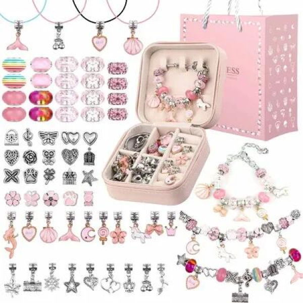 Christmas Bracelet Making Kit,66PCs Charm Bracelets Kit with Jewelry Box,Jewelry Charms,Bracelets for DIY Craft,Christmas Jewelry Gift Color Pink