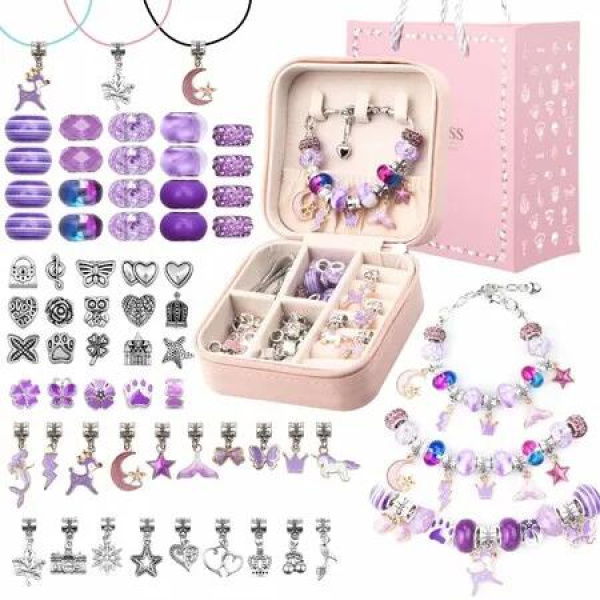Christmas Bracelet Making Kit,66PCs Charm Bracelets Kit with Jewelry Box,Jewelry Charms,Bracelets for DIY Craft,Christmas Jewelry Gift Color Purple