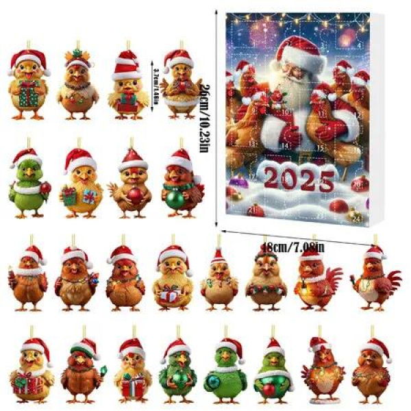 Christmas Calendar Countdown, 2D Acrylic Chicken Pendant with 24 Compartments, Fun Chicken Ornament for Xmas Tree, Home and Party Decoration