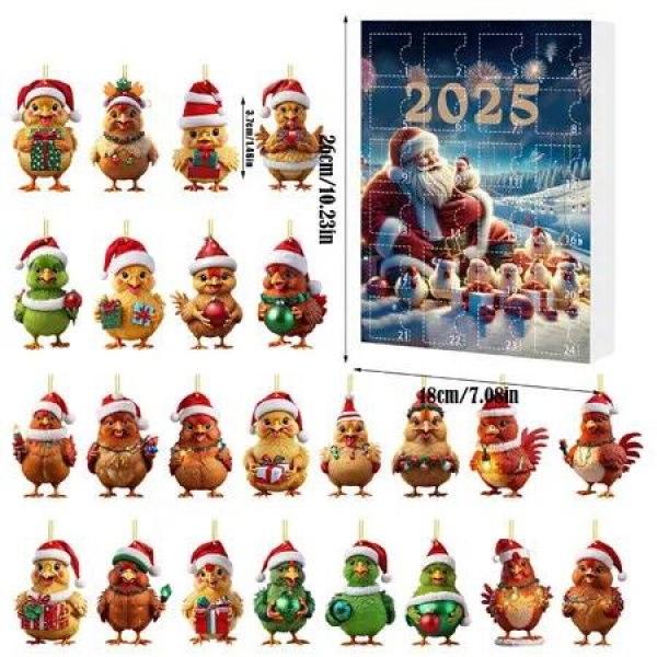 Christmas Calendar Countdown, 2D Acrylic Chicken Pendant with 24 Compartments, Fun Chicken Ornament for Xmas Tree, Home and Party Decoration