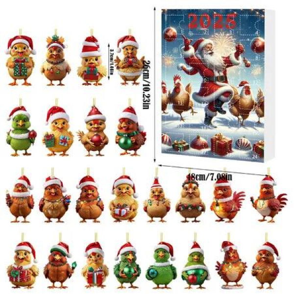 Christmas Calendar Countdown, 2D Acrylic Chicken Pendant with 24 Compartments, Fun Chicken Ornament for Xmas Tree, Home and Party Decoration