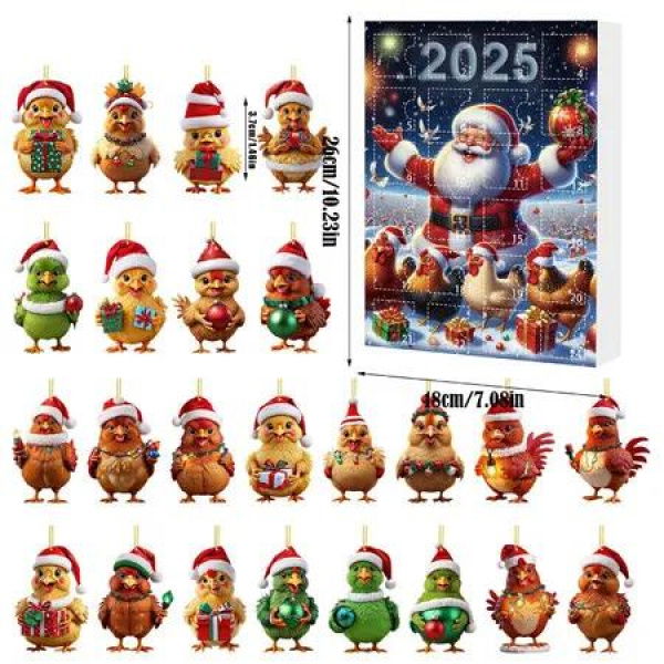 Christmas Calendar Countdown, 2D Acrylic Chicken Pendant with 24 Compartments, Fun Chicken Ornament for Xmas Tree, Home and Party Decoration