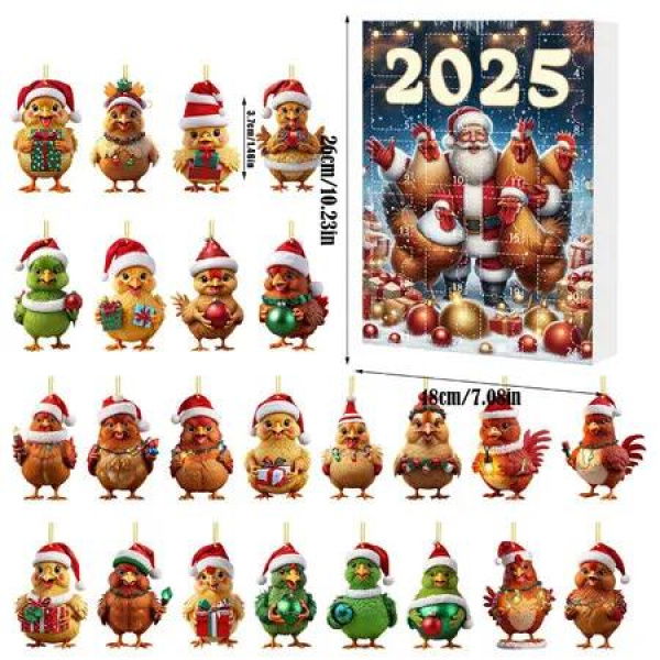 Christmas Calendar Countdown, 2D Acrylic Chicken Pendant with 24 Compartments, Fun Chicken Ornament for Xmas Tree, Home and Party Decoration