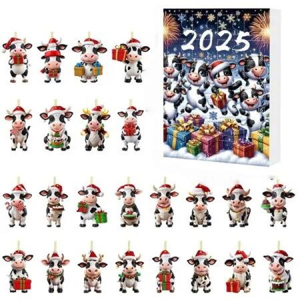 Christmas Cow Advent Calendar 2D Acrylic Cow Ornaments for Christmas Tree Decoration,24 PC Cute Cow Designs,Christmas Home Decor