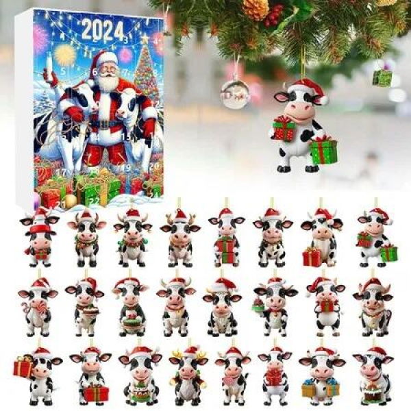 Christmas Cow Advent Calendar 2D Acrylic Cow Ornaments for Christmas Tree Decoration,24 PC Cute Cow Designs,Christmas Home Decor