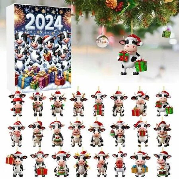 Christmas Cow Advent Calendar 2D Acrylic Cow Ornaments for Christmas Tree Decoration,24 PC Cute Cow Designs,Christmas Home Decor