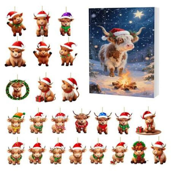 Christmas Cow Advent Calendar, 2D Flat Acrylic Highland Cow 24 Day Pendant Holiday Countdown Decoration, Christmas Surprise Holiday Gifts