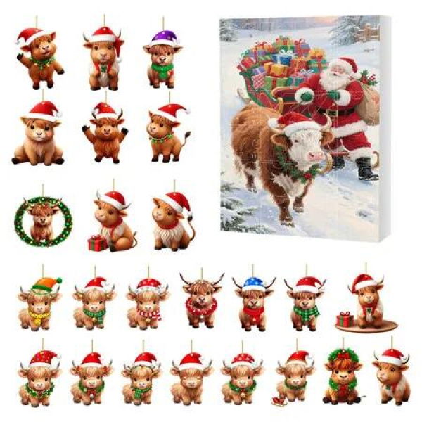 Christmas Cow Advent Calendar, 2D Flat Acrylic Highland Cow 24 Day Pendant Holiday Countdown Decoration, Christmas Surprise Holiday Gifts