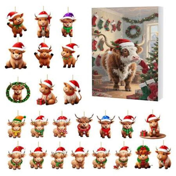 Christmas Cow Advent Calendar, 2D Flat Acrylic Highland Cow 24 Day Pendant Holiday Countdown Decoration, Christmas Surprise Holiday Gifts