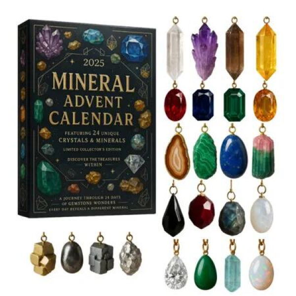 Christmas Crystal Advent Calendar 2025, Healing Stones Kit with Crystal Necklace Holder, Magnifier, and Storage Bag, Holiday Gift