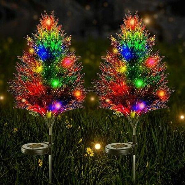 Christmas Decoration Outdoor Solar Tree Lights Outdoor Lights Waterproof IP67 Auto On/Off Solar Pathway Stakes Pine Lights For Patio Garden Yard Lawn Cemetery Xmas Decor (2 Pack)