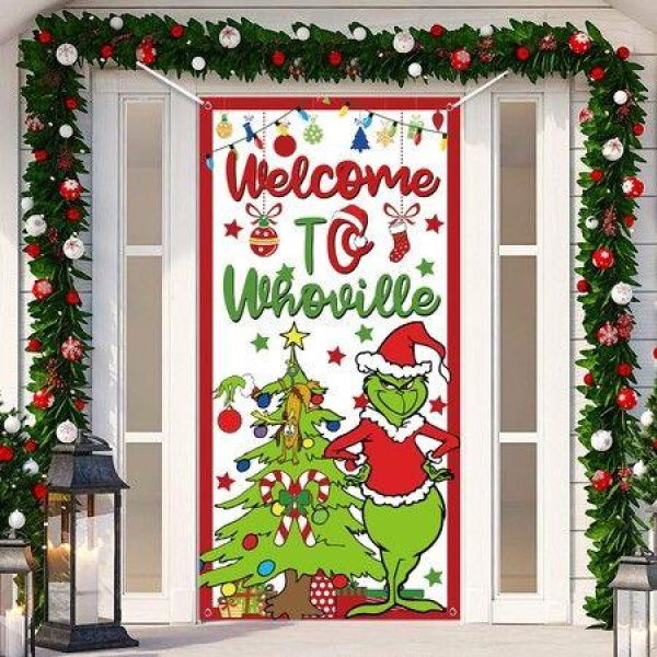 Christmas Decorations Door Cover, Christmas Decorations Wellcome to Porch Sign Backdrop Indoor Outside Door Hanging Banner for Christmas Party Supplies