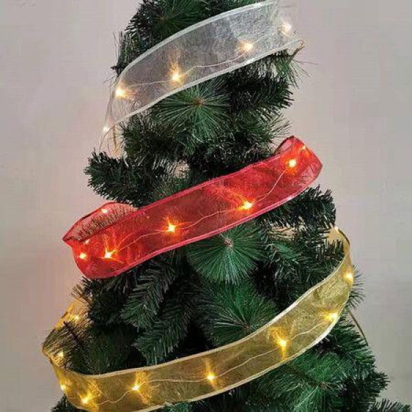 Christmas Decorations Double Layer Satin Ribbons For Crafts - 3 PCS Christmas Tree Decoration Warm LED Light Ribbon - Gold Silver Red - 6.3cm X 2m.