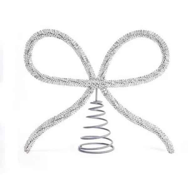 Christmas Decorations, Gold Glass Rhinestone Bow Tree Topper, Xmas Holiday Tree Top Decoration for Indoor Outdoor Home Room Party, Silver