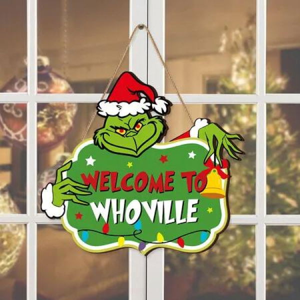 Christmas Decorations Hanging Signs, Merry Grinchmas Welcome to Whoville Sign for Holiday Xmas Door Decor Grinch Signs