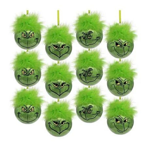 Christmas Decorations Indoor, 12pcs Cute Green Elf Christmas Tree Ornaments with Fuzzy Hair, Hanging Thief Monster Xmas Balls for Tree Fireplaces Garland, Kids Home School Office Decor