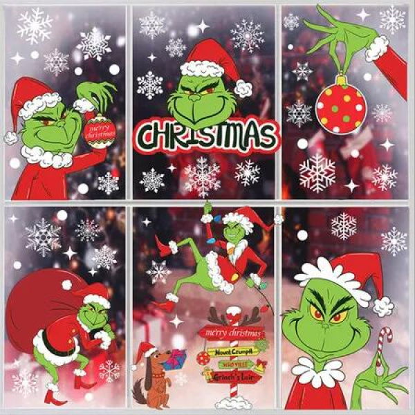 Christmas Decorations Indoor Window Clings, Cute Grinch Window Stickers Decals for Kids Home School Office Winter Decor