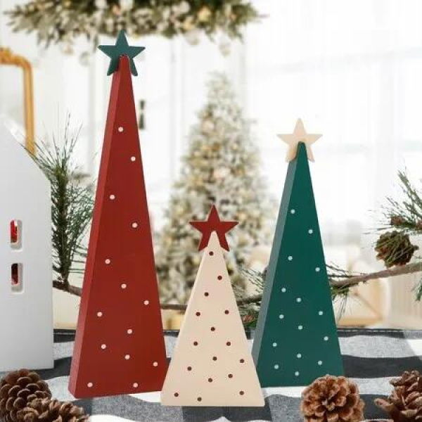 Christmas Decorations Three Sizes Wooden Tree Sign with Star Christmas Decorations for Home Shelf Mantel Table Party Decor
