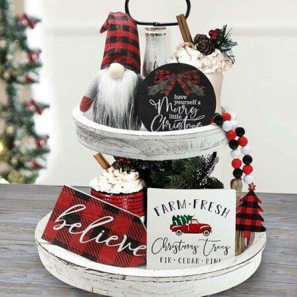 Christmas Decorations,Wooden Believe Merry Christmas Signs and Buffalo Plaid Gnomes - Rustic Tiered Tray for Home and Room Decor (Tray not included)