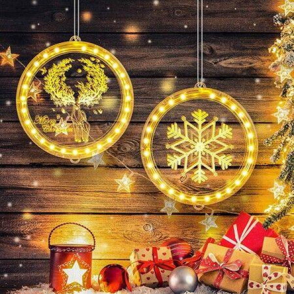 Christmas Decorative 3D Hanging Lights 2 PCS Christmas Window Lights Hanging Lighted Window Decorations For Indoor Outdoor Windows Decorations (Elk Snowflake)