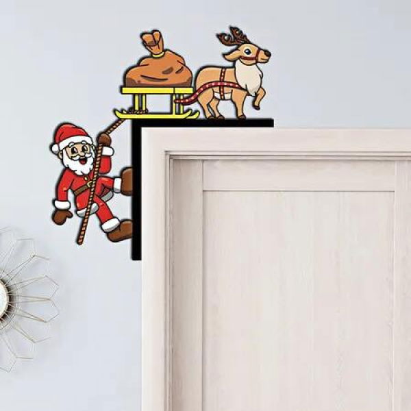 Christmas Door Corner Decoration, Santa Top Door Frame, Christmas Frame Decoration with Double-sided Tape, Wooden Front Christmas Decoration for Home