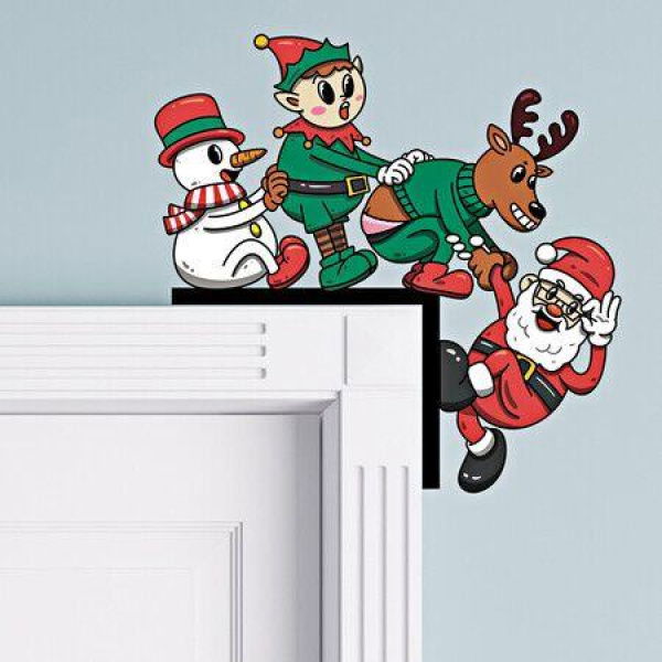 Christmas Door Corner Decoration, Santa Top Door Frame, Christmas Frame Decoration with Double-sided Tape, Wooden Front Christmas Decoration for Home