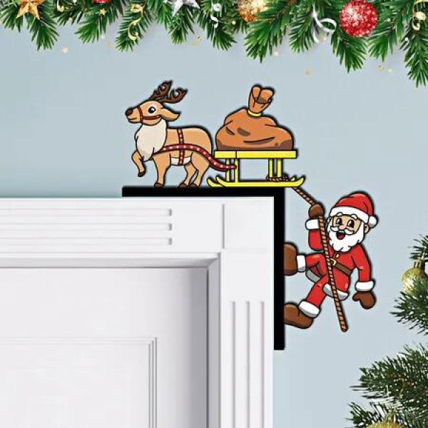 Christmas Door Corner Decoration, Santa Top Door Frame, Christmas Frame Decoration with Double-sided Tape, Wooden Front Christmas Decoration for Home