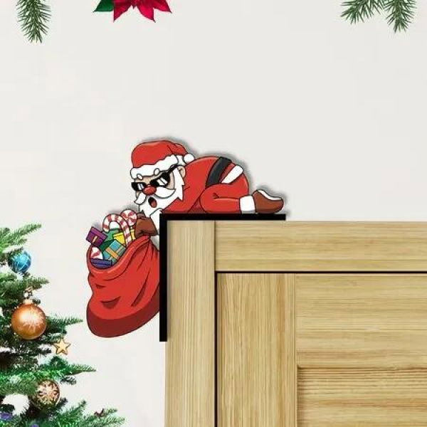 Christmas Door Corner Decoration, Santa Top Door Frame, Christmas Frame Decoration with Double-sided Tape, Wooden Front Christmas Decoration for Home