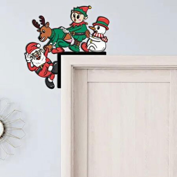 Christmas Door Corner Decoration, Santa Top Door Frame, Christmas Frame Decoration with Double-sided Tape, Wooden Front Christmas Decoration for Home