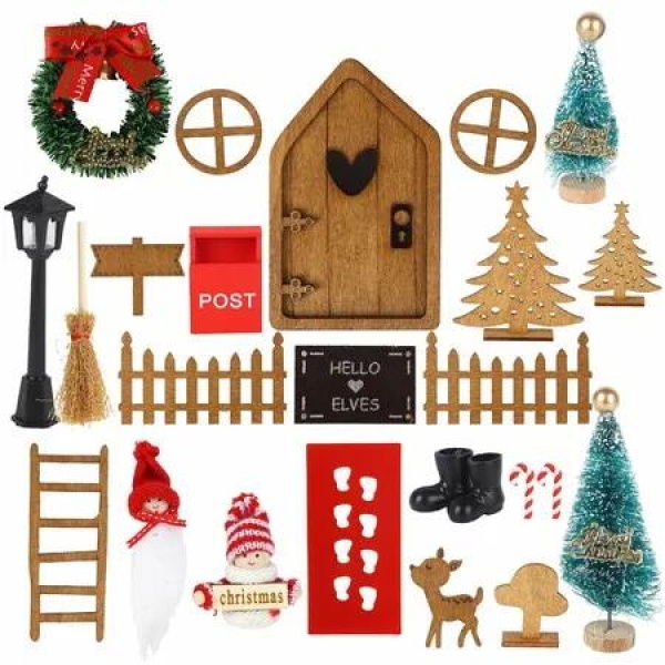 Christmas Elf Door Set Santa Door Christmas Decoration Miniatures Dollhouse Decoration Wooden Windows for DIY Crafts Christmas Decoration
