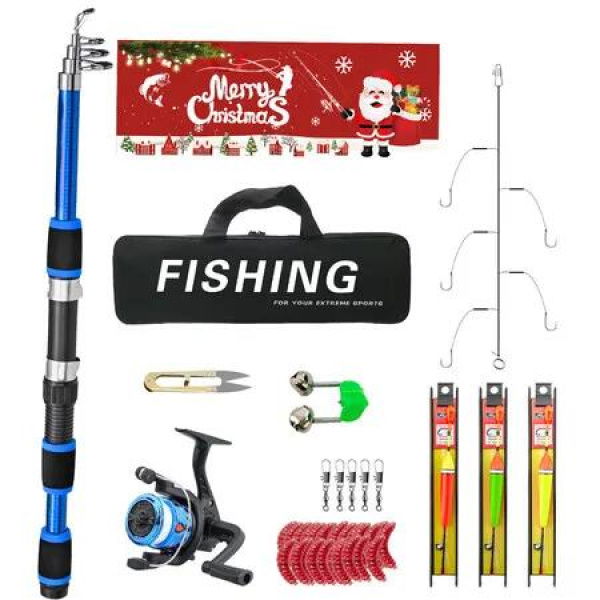 Christmas Fishing Rod and Reel Combo Kit Lightweight Starter Set Saltwater Freshwater Great Christmas Gift Color Blue