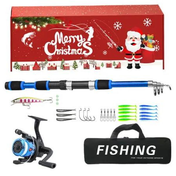 Christmas Fishing Rod and Reel Combo Kit Lightweight Starter Set Saltwater Freshwater Great Christmas Gift Color Blue