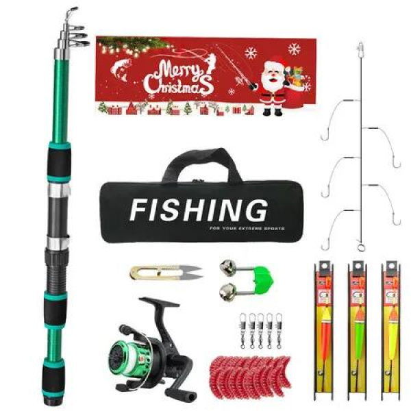 Christmas Fishing Rod and Reel Combo Kit Lightweight Starter Set Saltwater Freshwater Great Christmas Gift Color Green