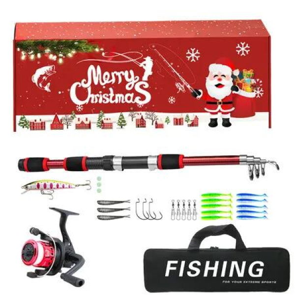 Christmas Fishing Rod and Reel Combo Kit Lightweight Starter Set Saltwater Freshwater Great Christmas Gift Color Red