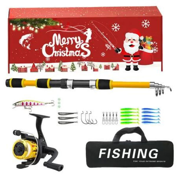 Christmas Fishing Rod and Reel Combo Kit Lightweight Starter Set Saltwater Freshwater Great Christmas Gift Color Yellow