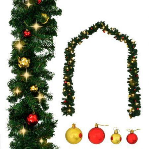 Christmas Garland Decorated With Baubles And LED Lights 10 M