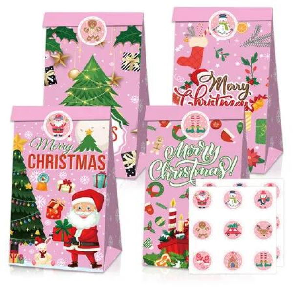 Christmas Gift Boxes Candy Box with Stickers Party Favor Mini Goody Bags Paper Gift Bag,Pink(12 Pieces,4 Styles)