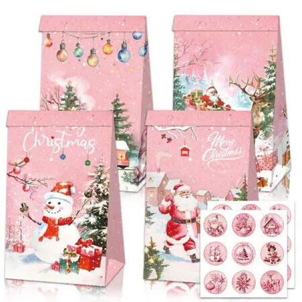 Christmas Gift Boxes Candy Box with Stickers Party Favor Mini Goody Bags Paper Gift Bag,Pink(12 Pieces,4 Styles)