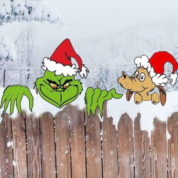 Christmas Grinch Decorations Outdoor, Grinchmas Fence Peeker Yard Signs for Courtyard Wall Decorations