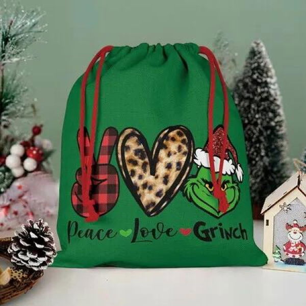 Christmas Grinch Gift Bags Reusable Christmas Double Sided Printed Treat Bags Present Wrap with Drawstring for Gift Birthday Christmas