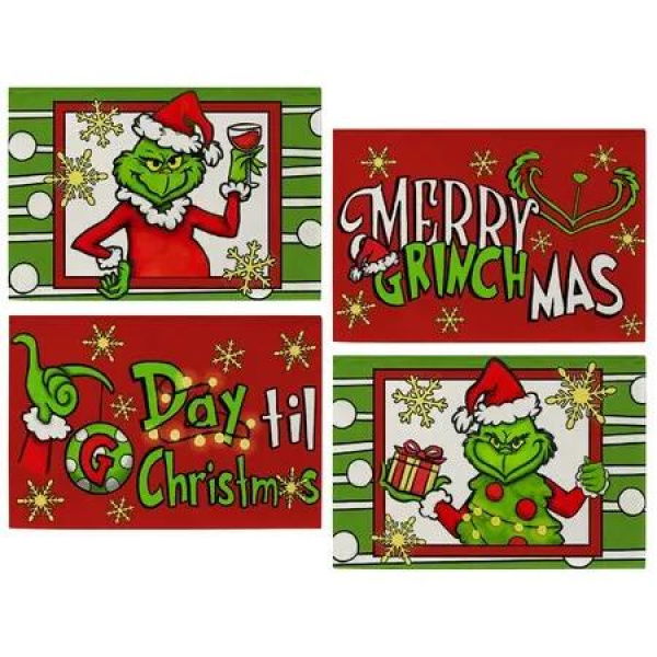 Christmas Grinch Placemats Set 4 Merry Xmas Dining Table Place Mats Kitchen Decor 30x45cm