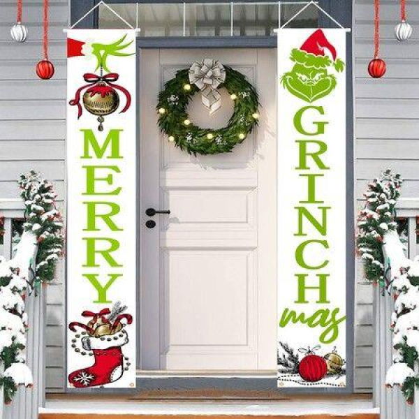 Christmas Grinch Porch Banner,Christmas Grinch Porch Sign Funny Xmas Hanging Banners for Home Indoor Outdoor